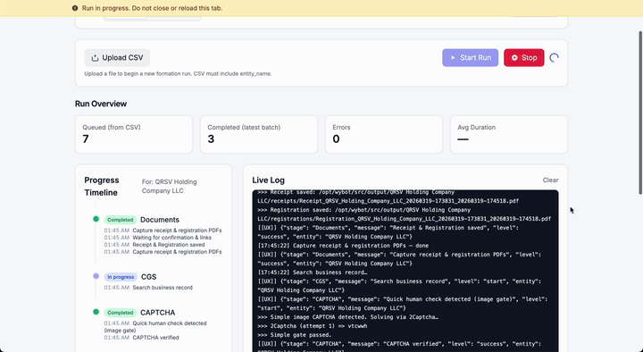FilingFlow Bot completing an automated business filing workflow