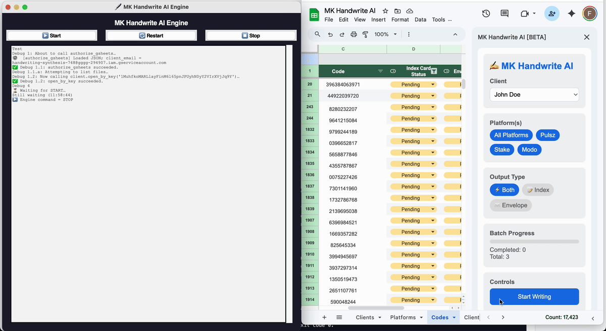 MK Handwrite AI — AxiDraw operator UI batching handwritten notes