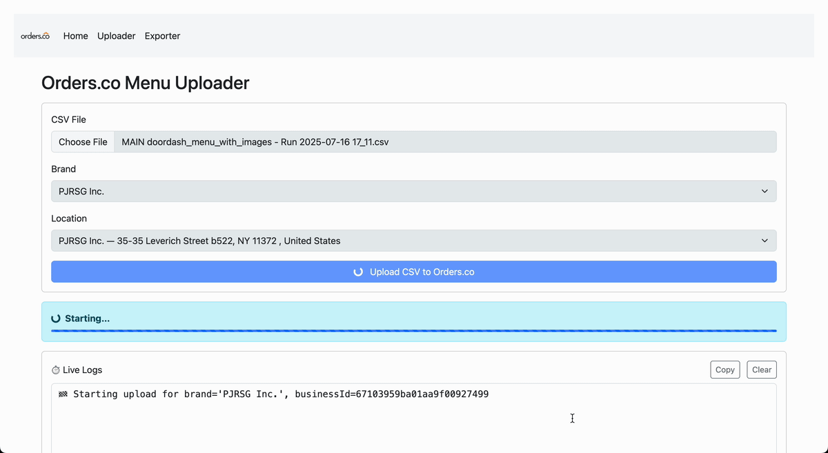 Orders.co Menu Uploader — publish products from CSV to live catalogs via API with logs
