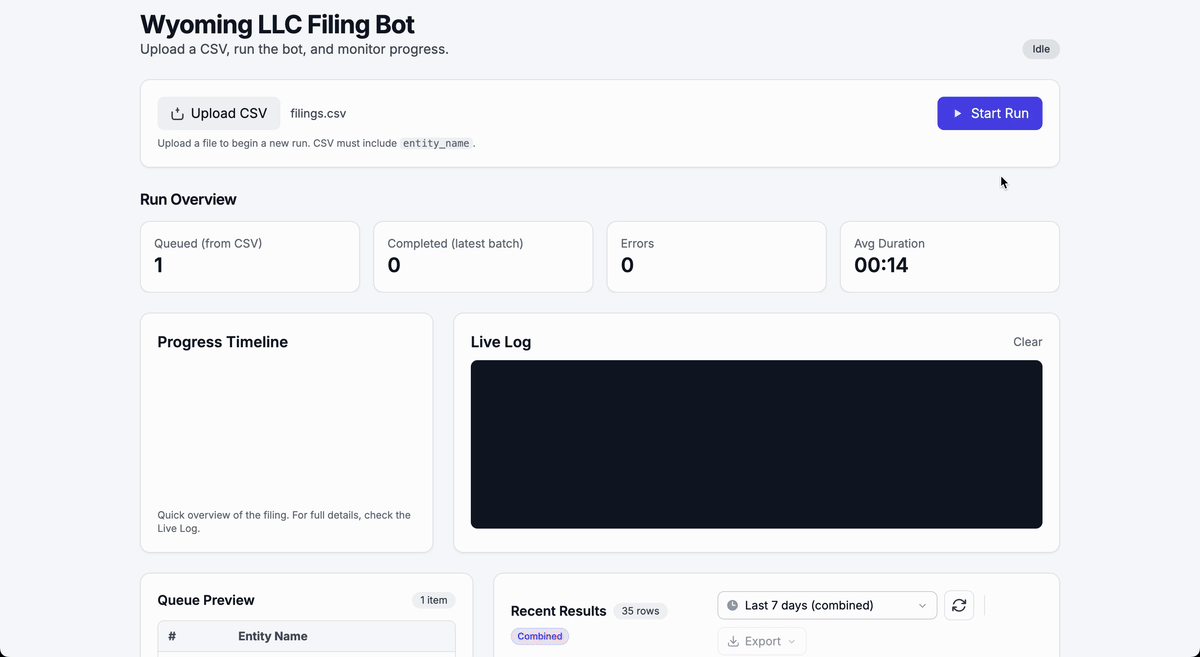 Wyoming LLC Auto-Filing Bot — authenticated flow with retries and logging
